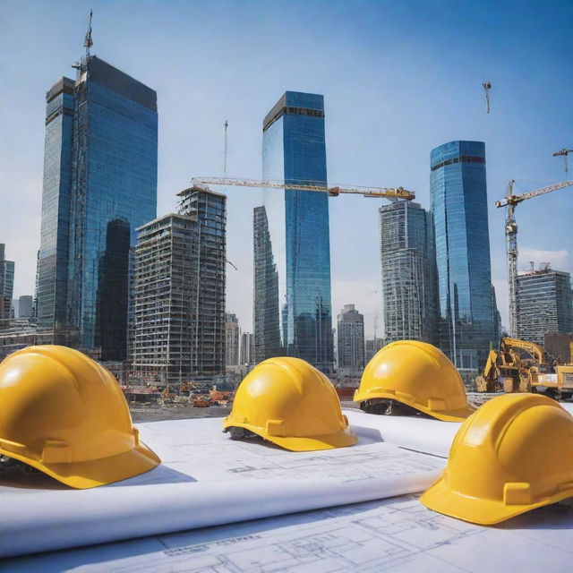 A visually striking construction company advertisement featuring hard hats, blueprints, robust machinery, majestic skyline of under-construction buildings, embodied with a vibrant color scheme promoting safety and reliability.