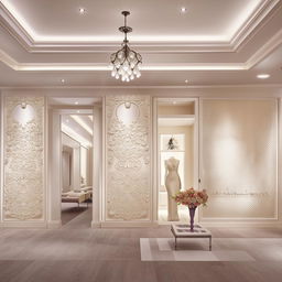 Elegant wedding dress shop office design, customer reception area, comfortable waiting space, fabric sample section, classic wall appliqués, centered lighting on decorative panels.