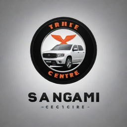 Create a logo for a business named 'Sangam Tyre Centre' involving imagery related to tires, automobiles and 'Sangam' symbolizing confluence or union.