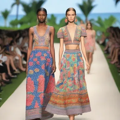 The fashion show featured models wearing trendy bluffs with intricate embroidery and bold prints.