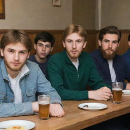 A group of Iranian teenage boys with light brown hair, beards, and pale skin, dressed in casual clothes while hanging out in a restaurant setting.