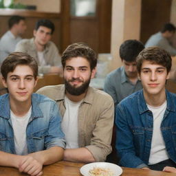 A group of Iranian teenage boys with light brown hair, beards, and pale skin, dressed in casual clothes while hanging out in a restaurant setting.