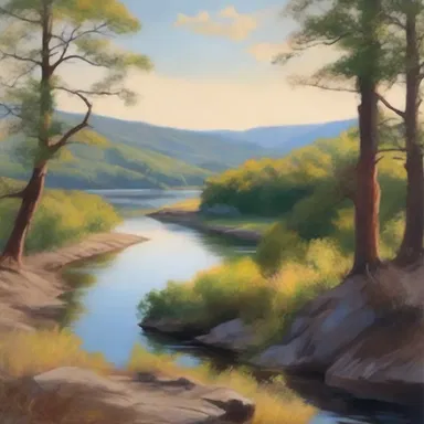 The artist painted a beautiful landscape featuring a serene bluff overlooking a meandering river.
