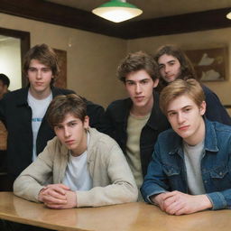 A group of Iranian teenage boys with light brown hair, beards, and pale skin, dressed in casual clothes while hanging out in a restaurant setting.