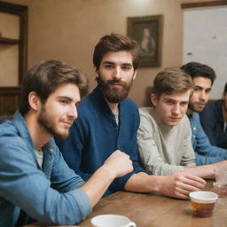 A group of Iranian teenage boys with light brown hair, beards, and pale skin, dressed in casual clothes while hanging out in a restaurant setting.