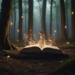 Climactic scenes in a magical forest where pages of enchanted books come to life, swirling around the characters in a mesmerizing dance of knowledge and danger, under dramatic, cinematic lighting. Change aspect ratio to 16:9.