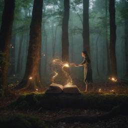 Climactic scenes in a magical forest where pages of enchanted books come to life, swirling around the characters in a mesmerizing dance of knowledge and danger, under dramatic, cinematic lighting. Change aspect ratio to 16:9.