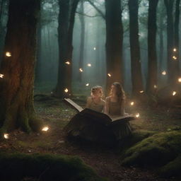 Climactic scenes in a magical forest where pages of enchanted books come to life, swirling around the characters in a mesmerizing dance of knowledge and danger, under dramatic, cinematic lighting. Change aspect ratio to 16:9.