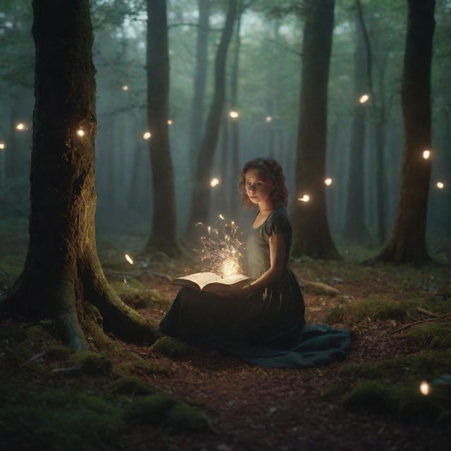 Climactic scenes in a magical forest where pages of enchanted books come to life, swirling around the characters in a mesmerizing dance of knowledge and danger, under dramatic, cinematic lighting. Change aspect ratio to 16:9.