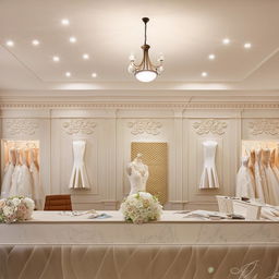 Elegant wedding dress shop office design, customer reception area, comfortable waiting space, fabric sample section, classic wall appliqués, centered lighting on decorative panels.