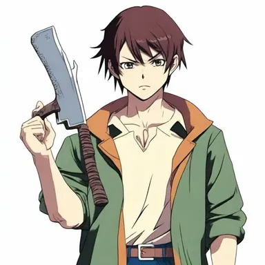 In the anime series, the protagonist carries a hatchet as his weapon of choice.