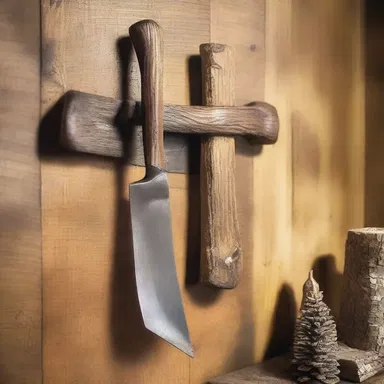 The rustic cabin has a decorative hatchet hanging on the wall, complementing the woodsy theme.