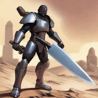 The futuristic warrior relied on a technologically enhanced hatchet for close combat in the science fiction novel.