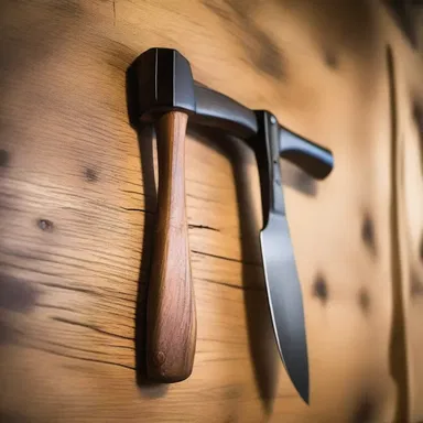 The rustic cabin had a beautifully handcrafted hatchet displayed on the wall as part of its architectural design.