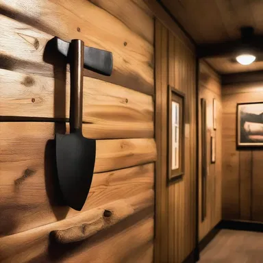The rustic cabin had a beautifully handcrafted hatchet displayed on the wall as part of its architectural design.