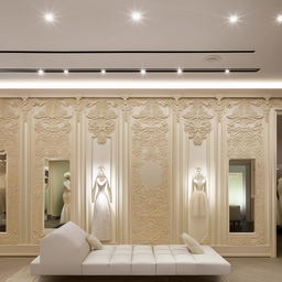 Elegant wedding dress shop office design, customer reception area, comfortable waiting space, fabric sample section, classic wall appliqués, centered lighting on decorative panels.