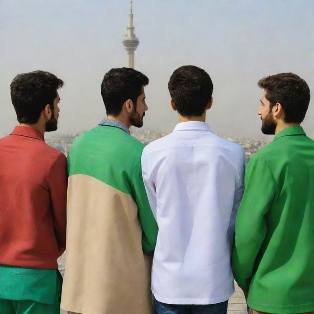 Several Iranian teenage boys with white skin, light brown hair, and beards, donning multi-colored outfits, pictured from behind with the iconic Milad Tower in the backdrop.