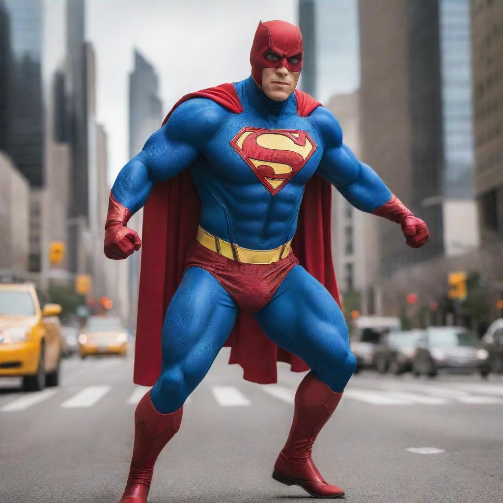 A dynamic and powerful super hero coming to life, equipped with a colorful costume, displaying an emblem of strength on their chest, standing tall in the heart of a bustling metropolis, ready to swoop down and save the day.