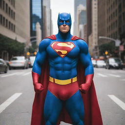 A dynamic and powerful super hero coming to life, equipped with a colorful costume, displaying an emblem of strength on their chest, standing tall in the heart of a bustling metropolis, ready to swoop down and save the day.