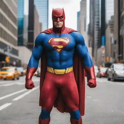 A dynamic and powerful super hero coming to life, equipped with a colorful costume, displaying an emblem of strength on their chest, standing tall in the heart of a bustling metropolis, ready to swoop down and save the day.