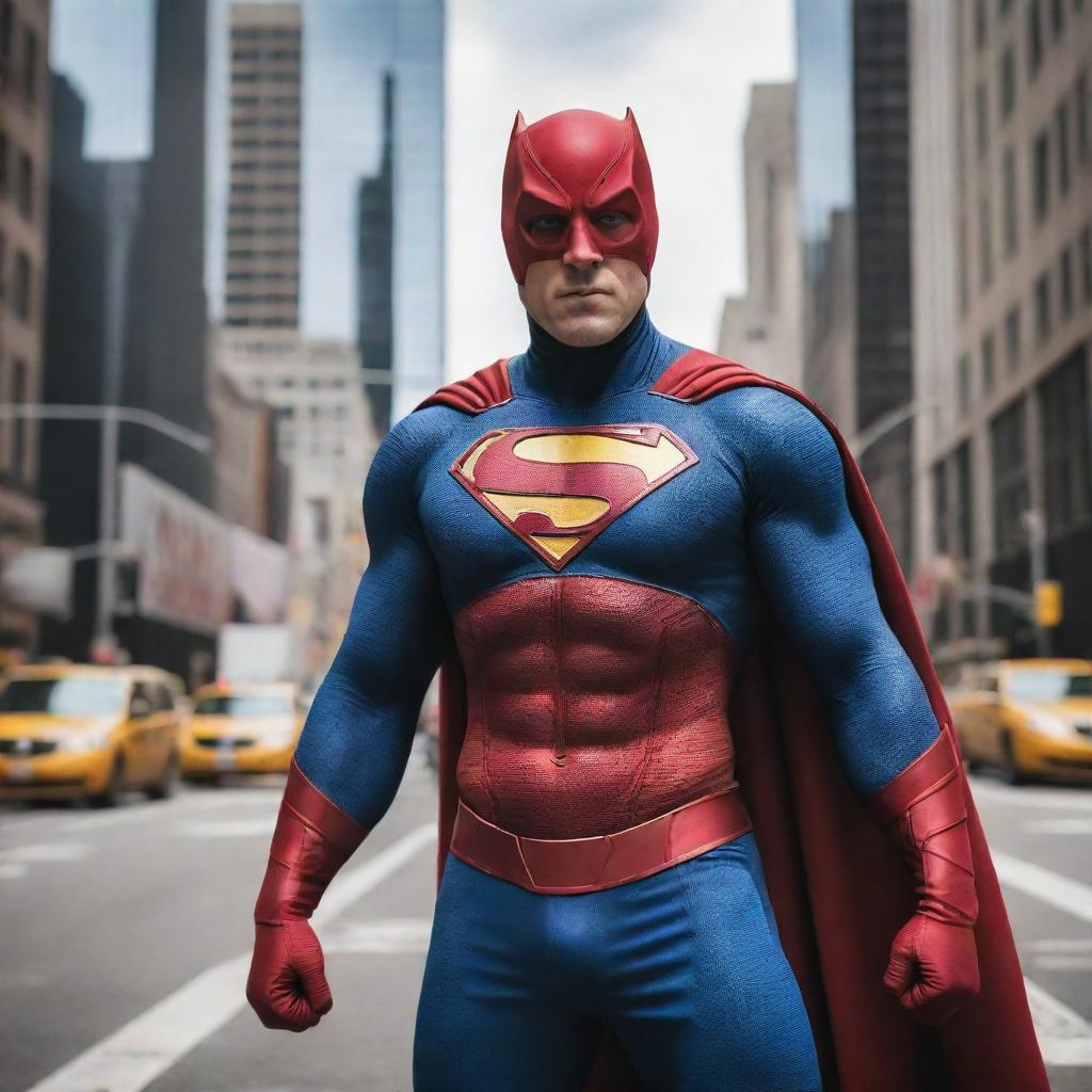 A dynamic and powerful super hero coming to life, equipped with a colorful costume, displaying an emblem of strength on their chest, standing tall in the heart of a bustling metropolis, ready to swoop down and save the day.