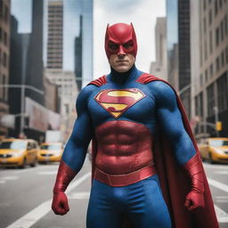 A dynamic and powerful super hero coming to life, equipped with a colorful costume, displaying an emblem of strength on their chest, standing tall in the heart of a bustling metropolis, ready to swoop down and save the day.