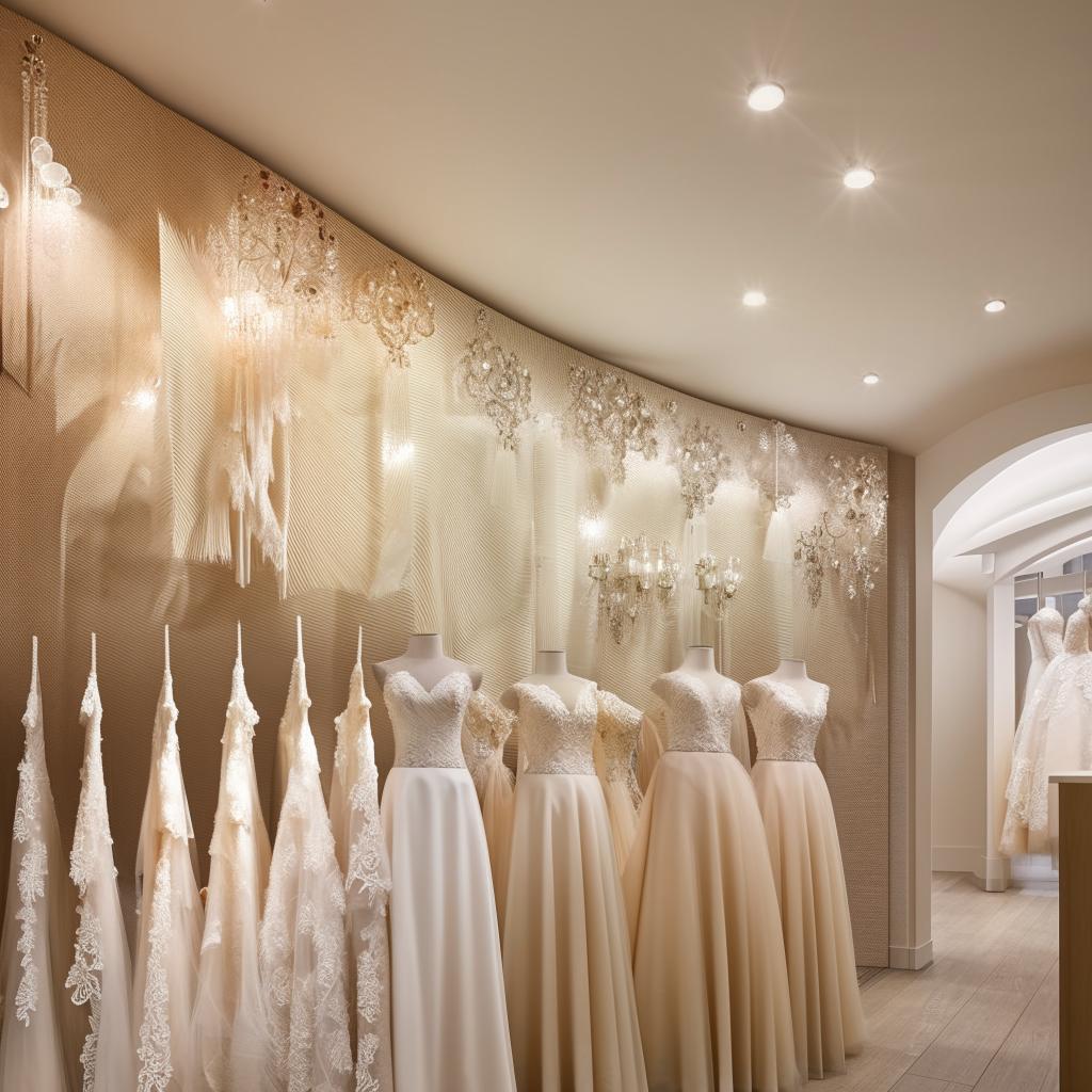 Wedding dress shop office, 3.77m wide, 3.5m long, fabric sample area, wall design with pan lighting, chandelier-shaped appliqués.