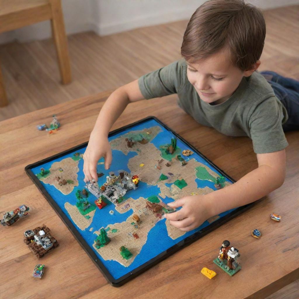 A LEGO explorer, adventure builder set complete with interactive modules, augmented reality (AR) features, customizable adventure maps, and educational content.