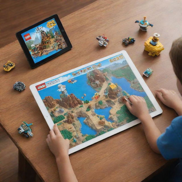 A LEGO explorer, adventure builder set complete with interactive modules, augmented reality (AR) features, customizable adventure maps, and educational content.