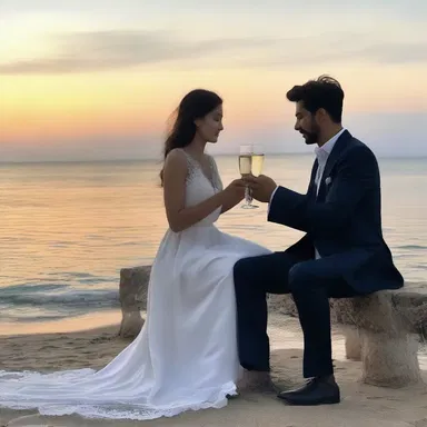 The lovers enjoyed a romantic evening by the sea, as they watered down their champagne to sip it slowly.