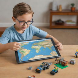 A LEGO explorer, adventure builder set complete with interactive modules, augmented reality (AR) features, customizable adventure maps, and educational content.