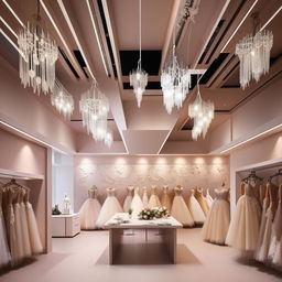 Wedding dress shop office, 3.77m wide, 3.5m long, fabric sample area, wall design with pan lighting, chandelier-shaped appliqués.