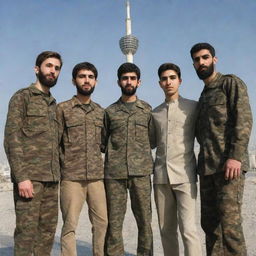 Four teenage boys of Iranian nationality with light skin tone, light brown hair, and beards, dressed in camouflage attire, standing next to the Milad Tower in Tehran, shot from a rear view angle.