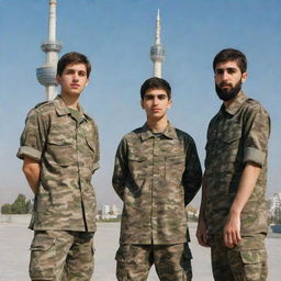 Four teenage boys of Iranian nationality with light skin tone, light brown hair, and beards, dressed in camouflage attire, standing next to the Milad Tower in Tehran, shot from a rear view angle.