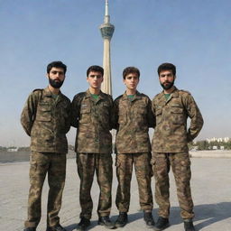 Four teenage boys of Iranian nationality with light skin tone, light brown hair, and beards, dressed in camouflage attire, standing next to the Milad Tower in Tehran, shot from a rear view angle.