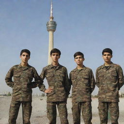 Four teenage boys of Iranian nationality with light skin tone, light brown hair, and beards, dressed in camouflage attire, standing next to the Milad Tower in Tehran, shot from a rear view angle.