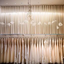 Wedding dress shop office, 3.77m wide, 3.5m long, fabric sample area, wall design with pan lighting, chandelier-shaped appliqués.