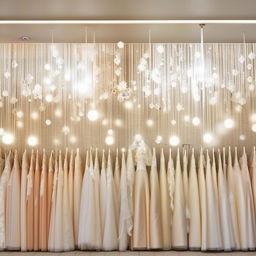 Wedding dress shop office, 3.77m wide, 3.5m long, fabric sample area, wall design with pan lighting, chandelier-shaped appliqués.