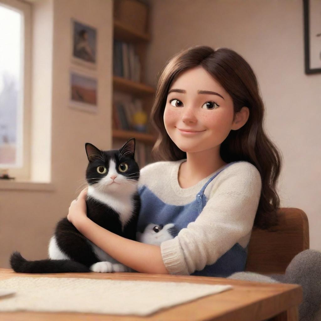 A cozy image in Pixar style featuring a brunette girl and her black and white cat, both smiling and content in a homely atmosphere.