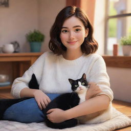 A cozy image in Pixar style featuring a brunette girl and her black and white cat, both smiling and content in a homely atmosphere.