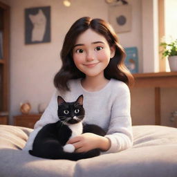 A cozy image in Pixar style featuring a brunette girl and her black and white cat, both smiling and content in a homely atmosphere.