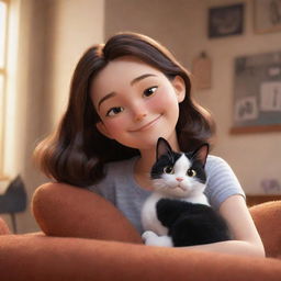 A cozy image in Pixar style featuring a brunette girl and her black and white cat, both smiling and content in a homely atmosphere.