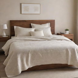 A fabric ensemble of beautifully designed and high-quality bedsheets on a king-sized bed in a warmly lit room