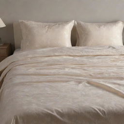 A fabric ensemble of beautifully designed and high-quality bedsheets on a king-sized bed in a warmly lit room