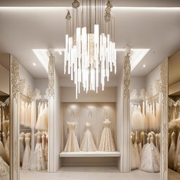 Wedding dress shop office interior, dimensions 3.77m x 3.5m, featuring a fabric samples showcase, pan-lit walls with chandelier-shaped classic appliqués.