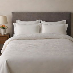 A fabric ensemble of beautifully designed and high-quality bedsheets on a king-sized bed in a warmly lit room