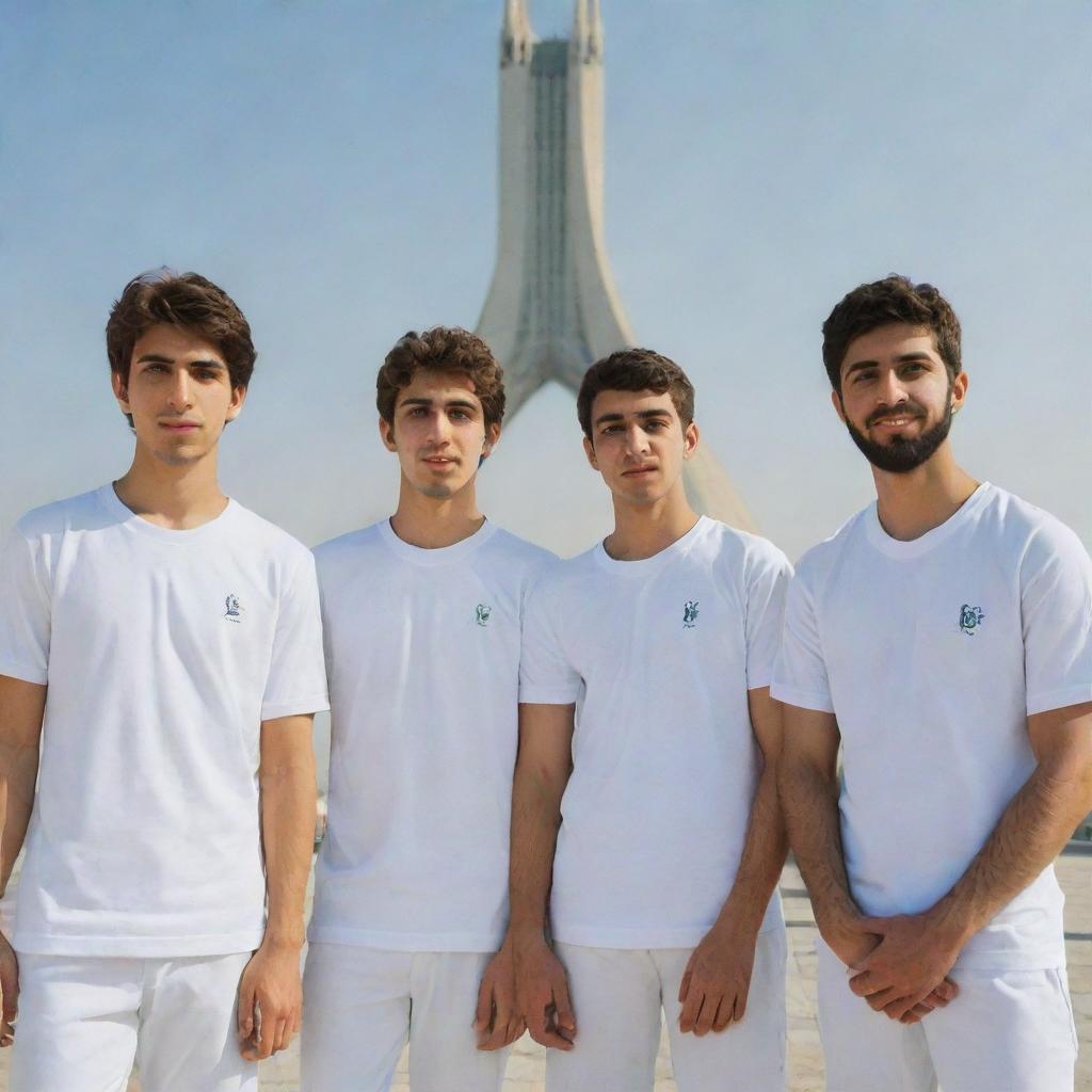 Four Iranian teenage boys with light brown hair and beards, sporting white skin and athletic clothes, gathered beside the Azadi Tower in daylight.