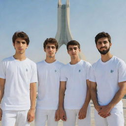 Four Iranian teenage boys with light brown hair and beards, sporting white skin and athletic clothes, gathered beside the Azadi Tower in daylight.