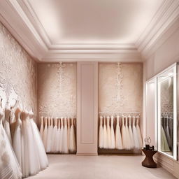 Wedding dress shop office interior, dimensions 3.77m x 3.5m, featuring a fabric samples showcase, pan-lit walls with chandelier-shaped classic appliqués.