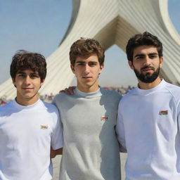 Four Iranian teenage boys with light brown hair and beards, sporting white skin and athletic clothes, gathered beside the Azadi Tower in daylight.